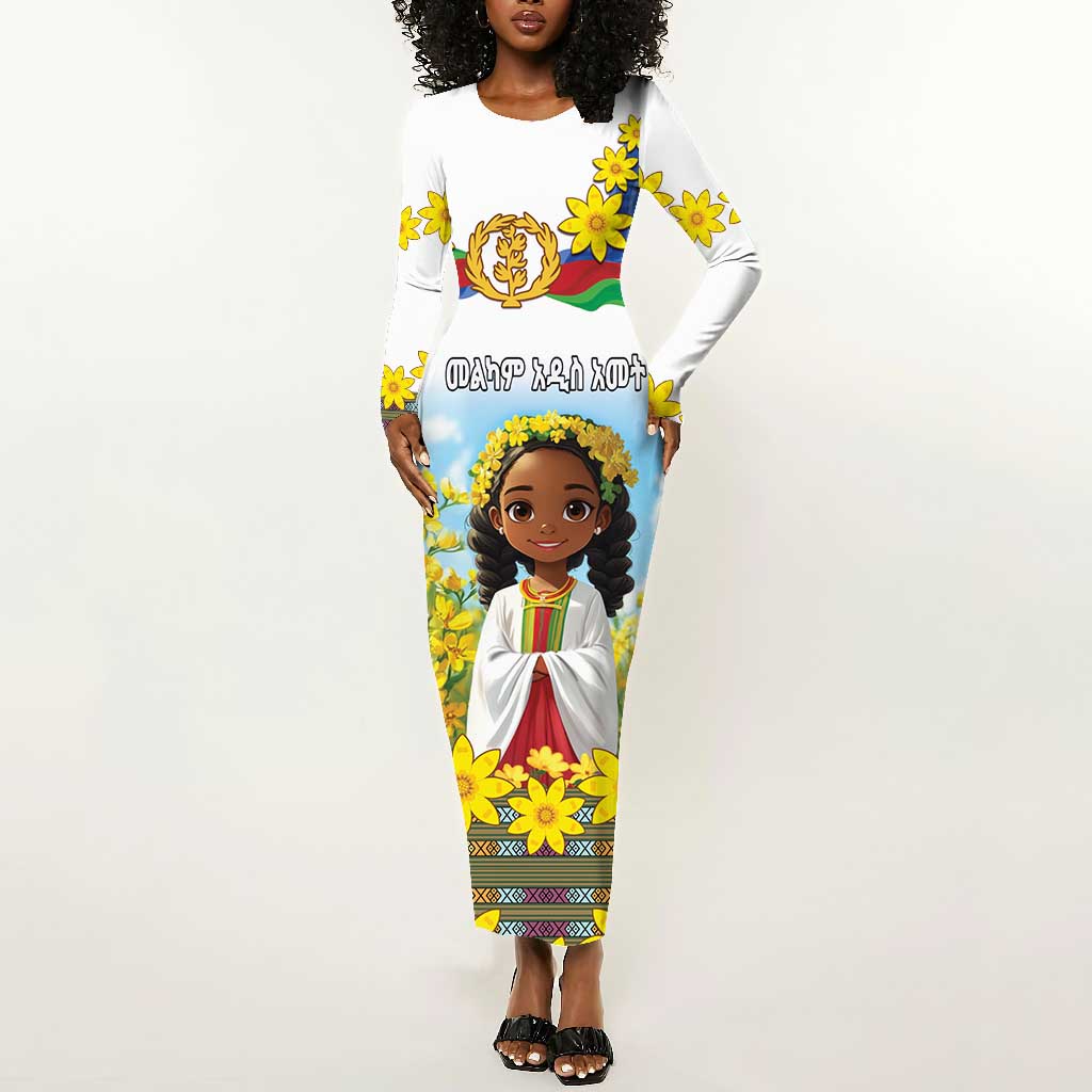 Happy Enkutatash Eritrea Personalized Long Sleeve Bodycon Dress Beautiful Afro Girl Adey Abeba Flower