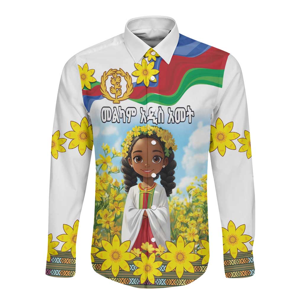 Happy Enkutatash Eritrea Personalized Long Sleeve Button Shirt Beautiful Afro Girl Adey Abeba Flower