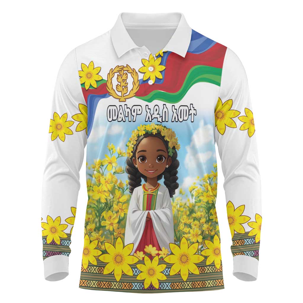 Happy Enkutatash Eritrea Personalized Long Sleeve Polo Shirt Beautiful Afro Girl Adey Abeba Flower