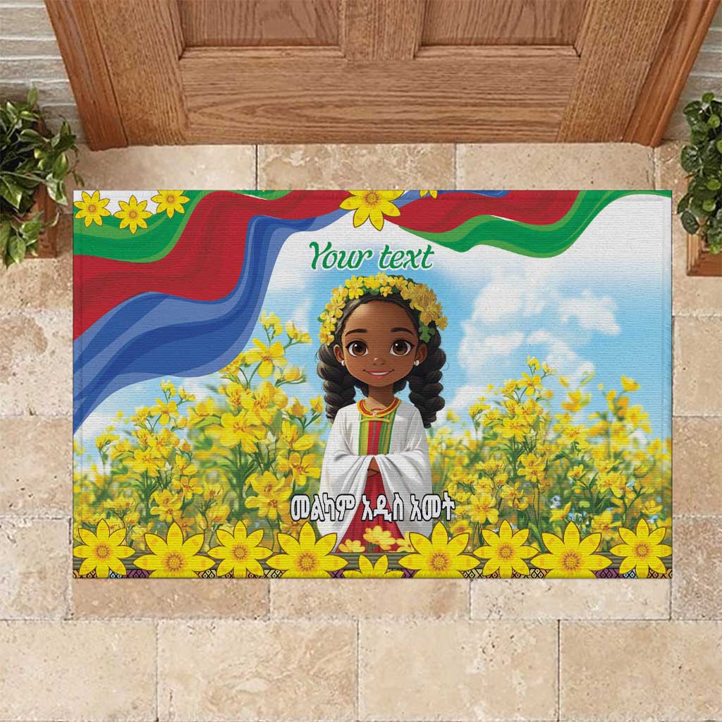 Happy Enkutatash Eritrea Personalized Rubber Doormat Beautiful Afro Girl Adey Abeba Flower