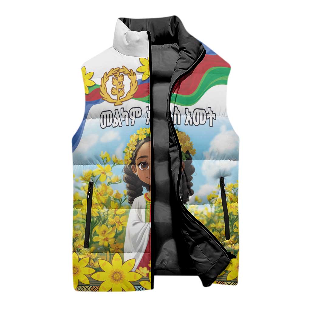 Happy Enkutatash Eritrea Personalized Sleeveless Puffer Jacket Beautiful Afro Girl Adey Abeba Flower