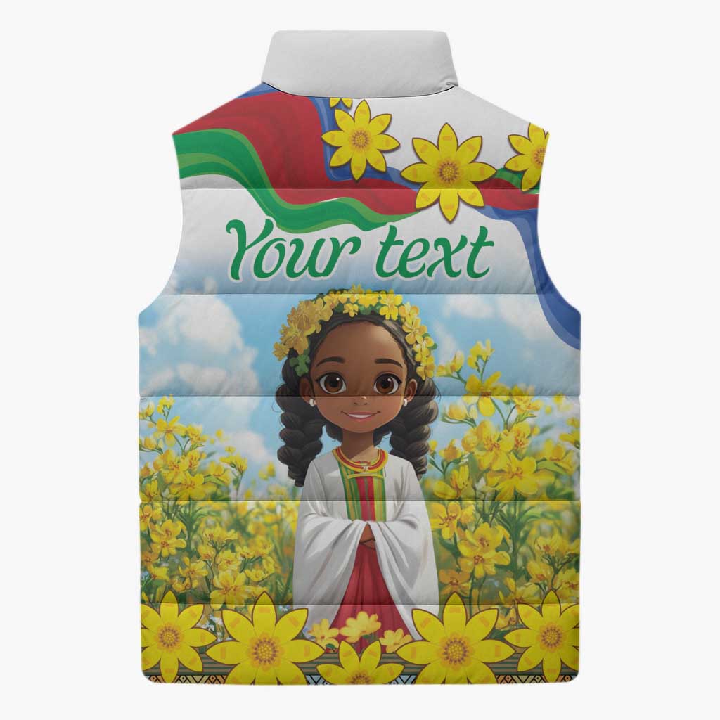 Happy Enkutatash Eritrea Personalized Sleeveless Puffer Jacket Beautiful Afro Girl Adey Abeba Flower