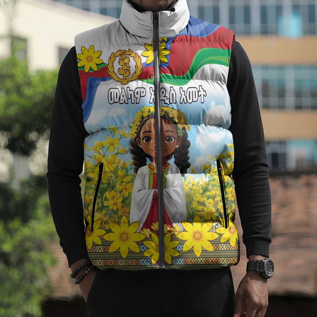 Happy Enkutatash Eritrea Personalized Sleeveless Puffer Jacket Beautiful Afro Girl Adey Abeba Flower