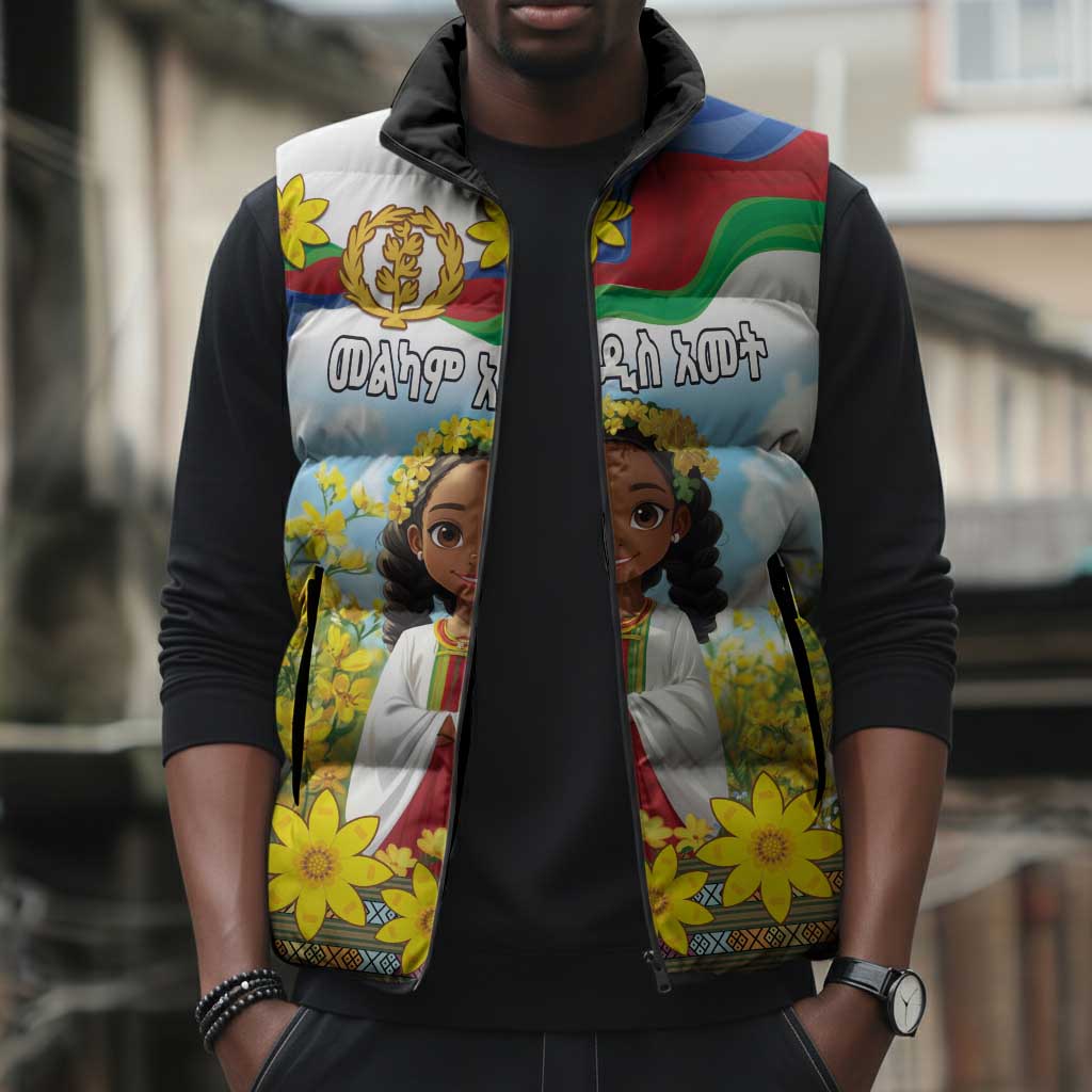 Happy Enkutatash Eritrea Personalized Sleeveless Puffer Jacket Beautiful Afro Girl Adey Abeba Flower