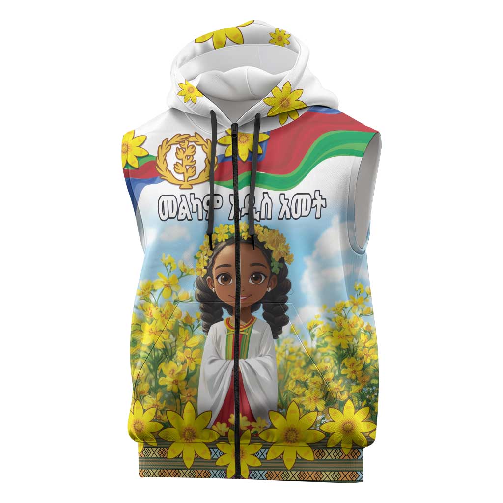 Happy Enkutatash Eritrea Personalized Sleeveless Zip Hoodie Beautiful Afro Girl Adey Abeba Flower - African Pride