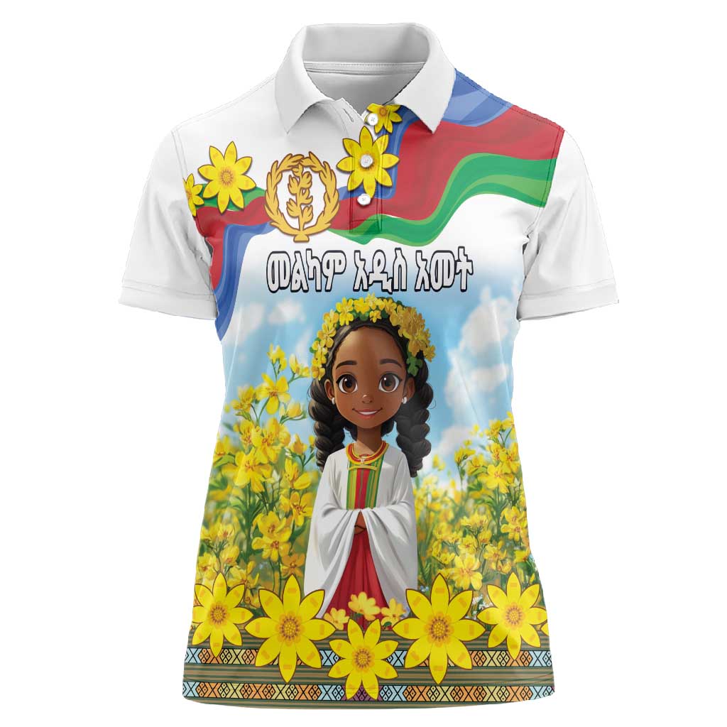 Happy Enkutatash Eritrea Personalized Women Polo Shirt Beautiful Afro Girl Adey Abeba Flower