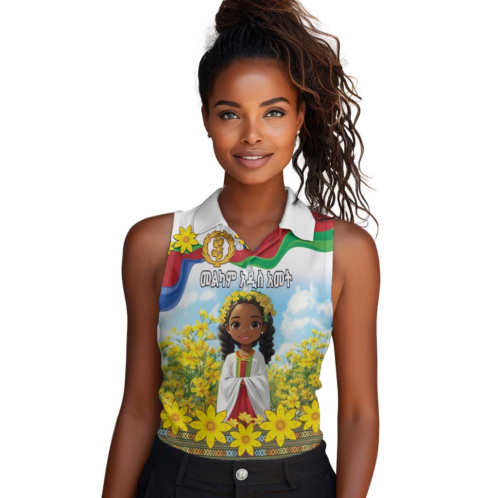 Happy Enkutatash Eritrea Personalized Women Sleeveless Polo Shirt Beautiful Afro Girl Adey Abeba Flower