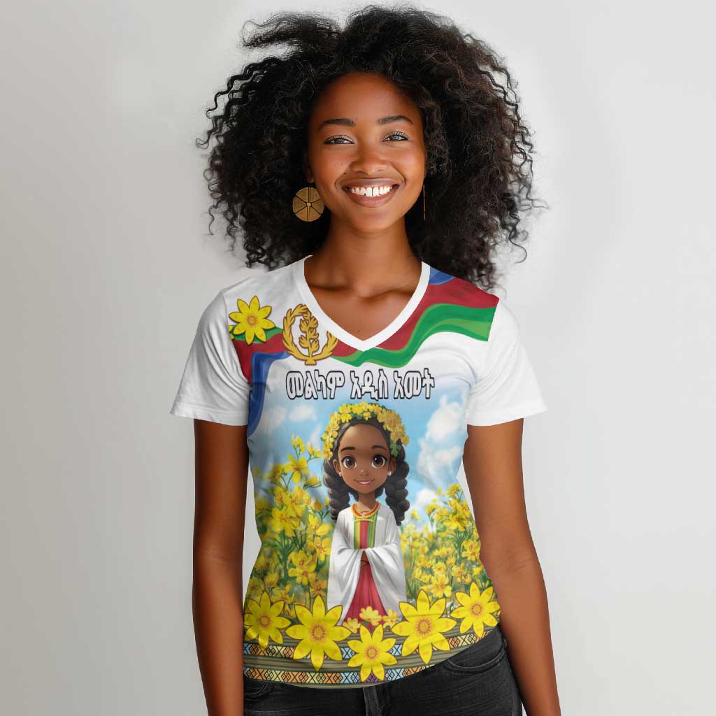 Happy Enkutatash Eritrea Personalized Women V-Neck T-Shirt Beautiful Afro Girl Adey Abeba Flower