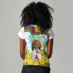 Happy Enkutatash Eritrea Personalized Women V-Neck T-Shirt Beautiful Afro Girl Adey Abeba Flower