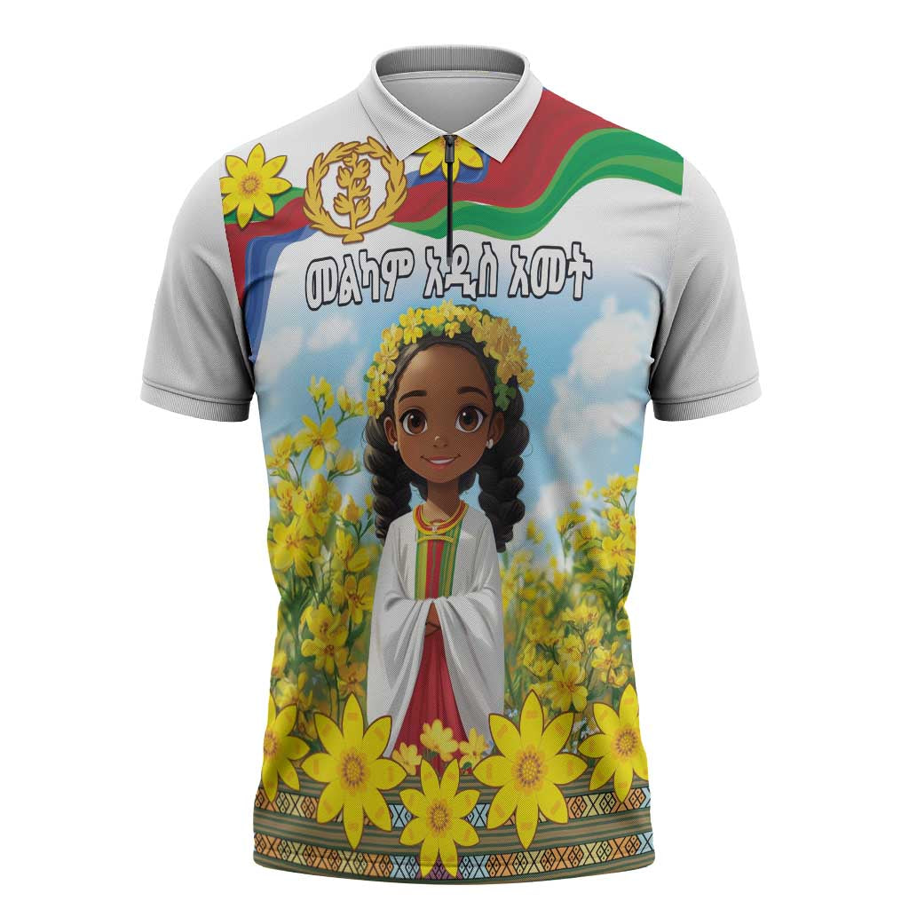 Happy Enkutatash Eritrea Personalized Zipper Polo Shirt Beautiful Afro Girl Adey Abeba Flower