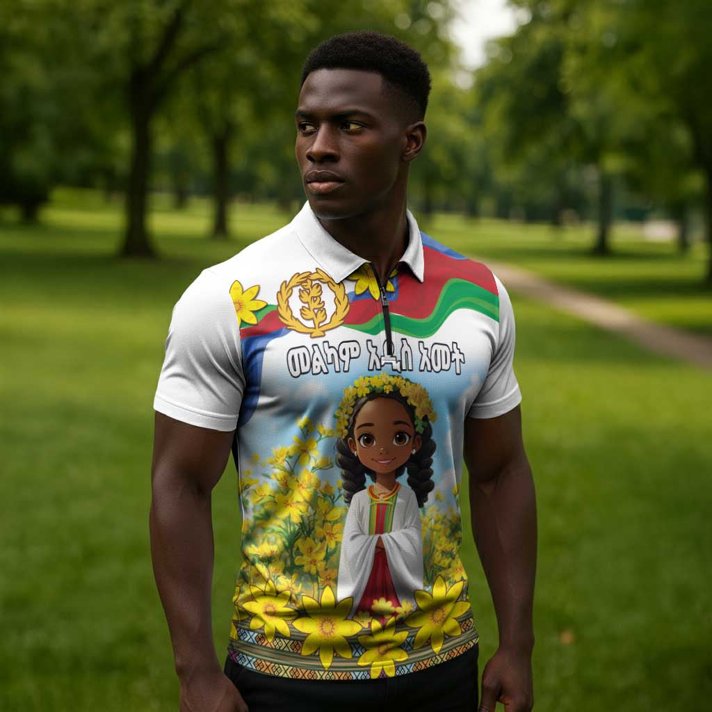 Happy Enkutatash Eritrea Personalized Zipper Polo Shirt Beautiful Afro Girl Adey Abeba Flower