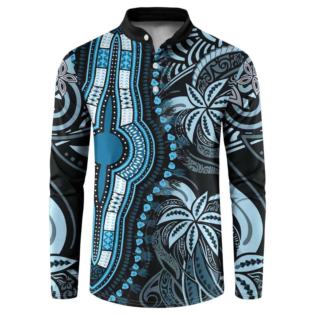 Polynesia Mixed African Dashiki Button Sweatshirt Afro-pacific Culture - Blue