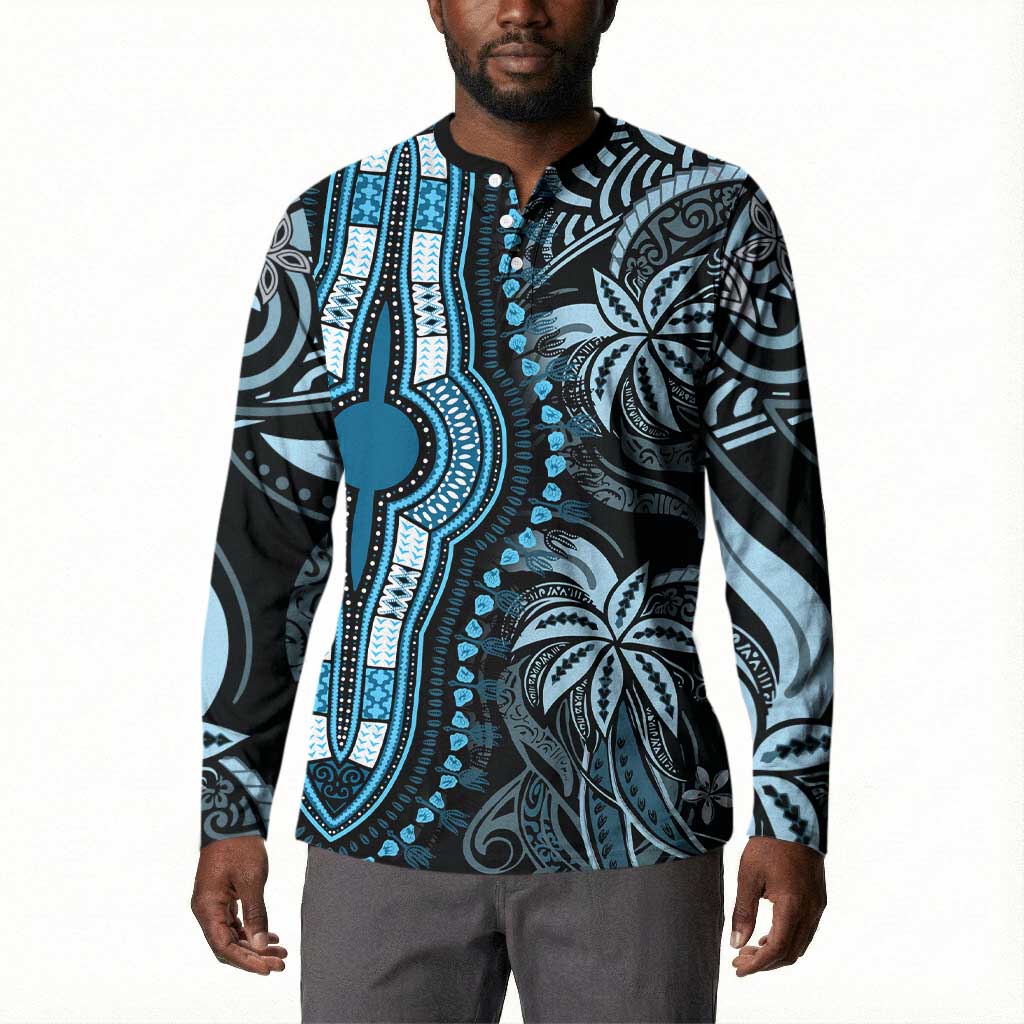 Polynesia Mixed African Dashiki Button Sweatshirt Afro-pacific Culture - Blue