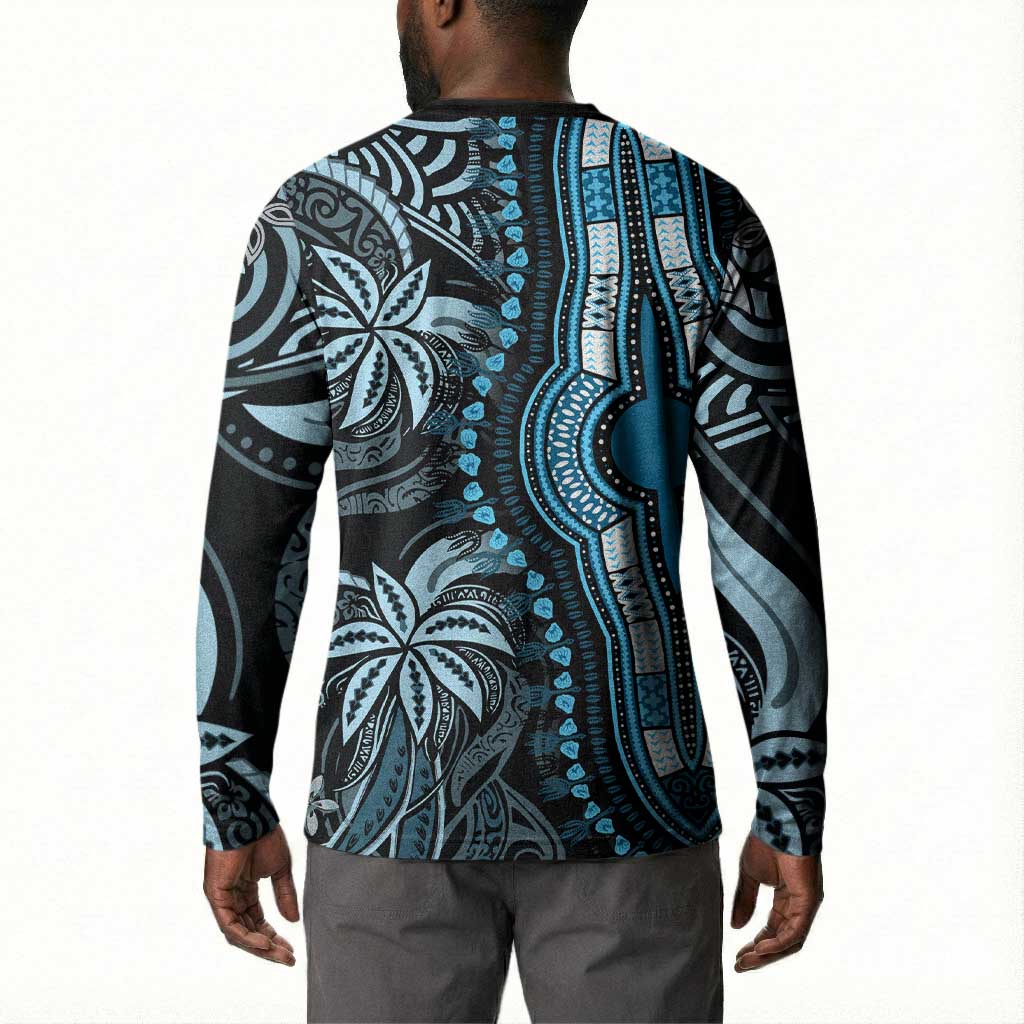 Polynesia Mixed African Dashiki Button Sweatshirt Afro-pacific Culture - Blue