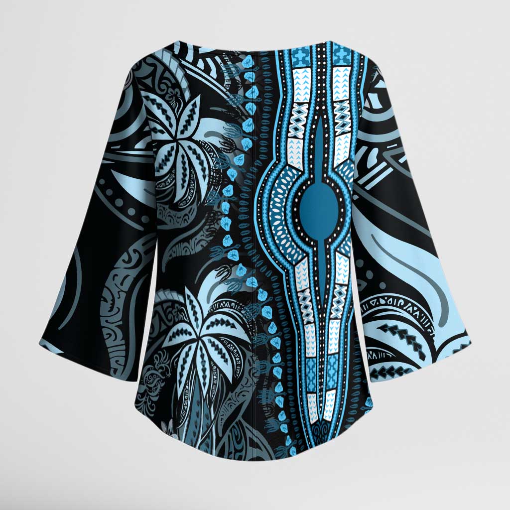 Polynesia Mixed African Dashiki Kimono Sleeve Blouse Afro-pacific Culture - Blue