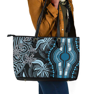 Polynesia Mixed African Dashiki Leather Tote Bag Afro-pacific Culture - Blue