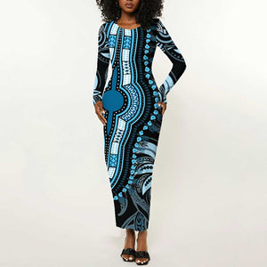 Polynesia Mixed African Dashiki Long Sleeve Bodycon Dress Afro-pacific Culture - Blue