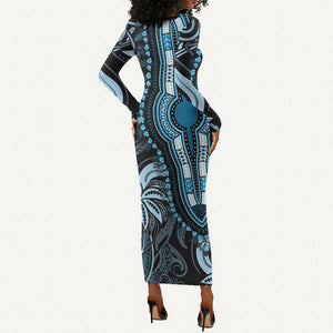 Polynesia Mixed African Dashiki Long Sleeve Bodycon Dress Afro-pacific Culture - Blue