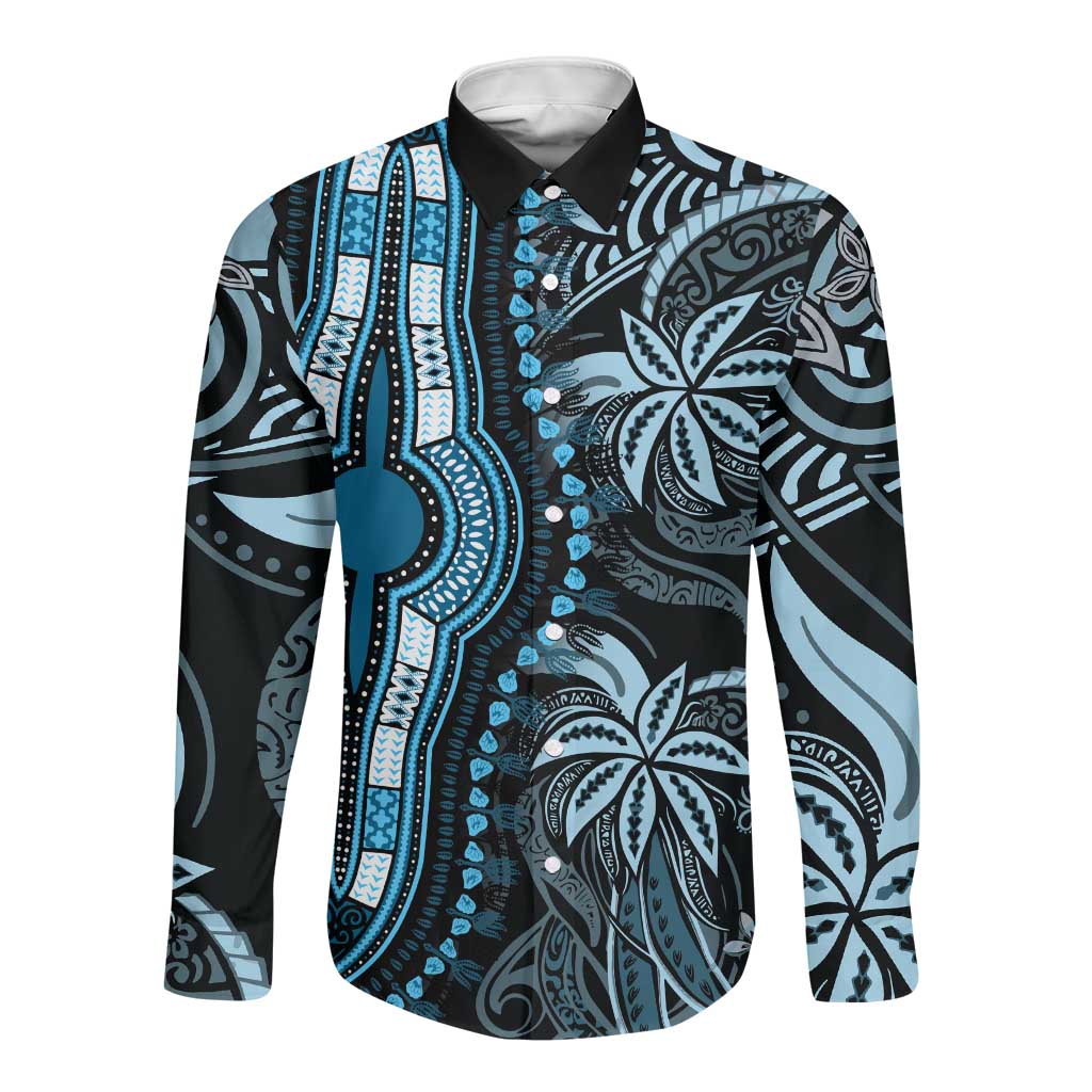 Polynesia Mixed African Dashiki Long Sleeve Button Shirt Afro-pacific Culture - Blue