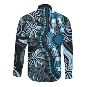 Polynesia Mixed African Dashiki Long Sleeve Button Shirt Afro-pacific Culture - Blue