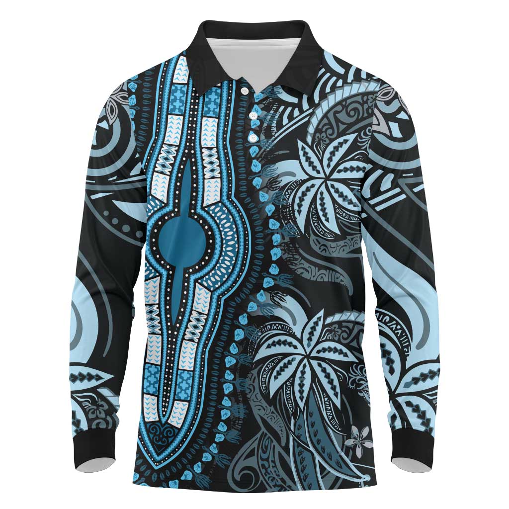 Polynesia Mixed African Dashiki Long Sleeve Polo Shirt Afro-pacific Culture - Blue