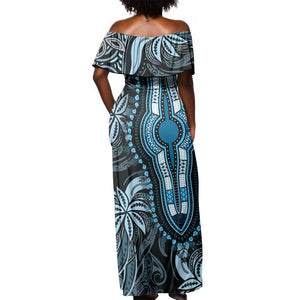 Polynesia Mixed African Dashiki Off Shoulder Maxi Dress Afro-pacific Culture - Blue