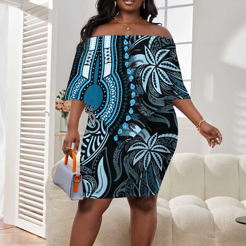 Polynesia Mixed African Dashiki Off Shoulder Short Dress Afro-pacific Culture - Blue