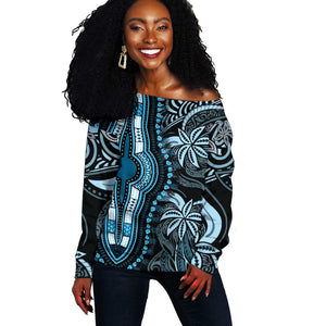 Polynesia Mixed African Dashiki Off Shoulder Sweater Afro-pacific Culture - Blue