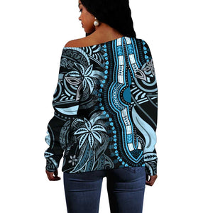 Polynesia Mixed African Dashiki Off Shoulder Sweater Afro-pacific Culture - Blue