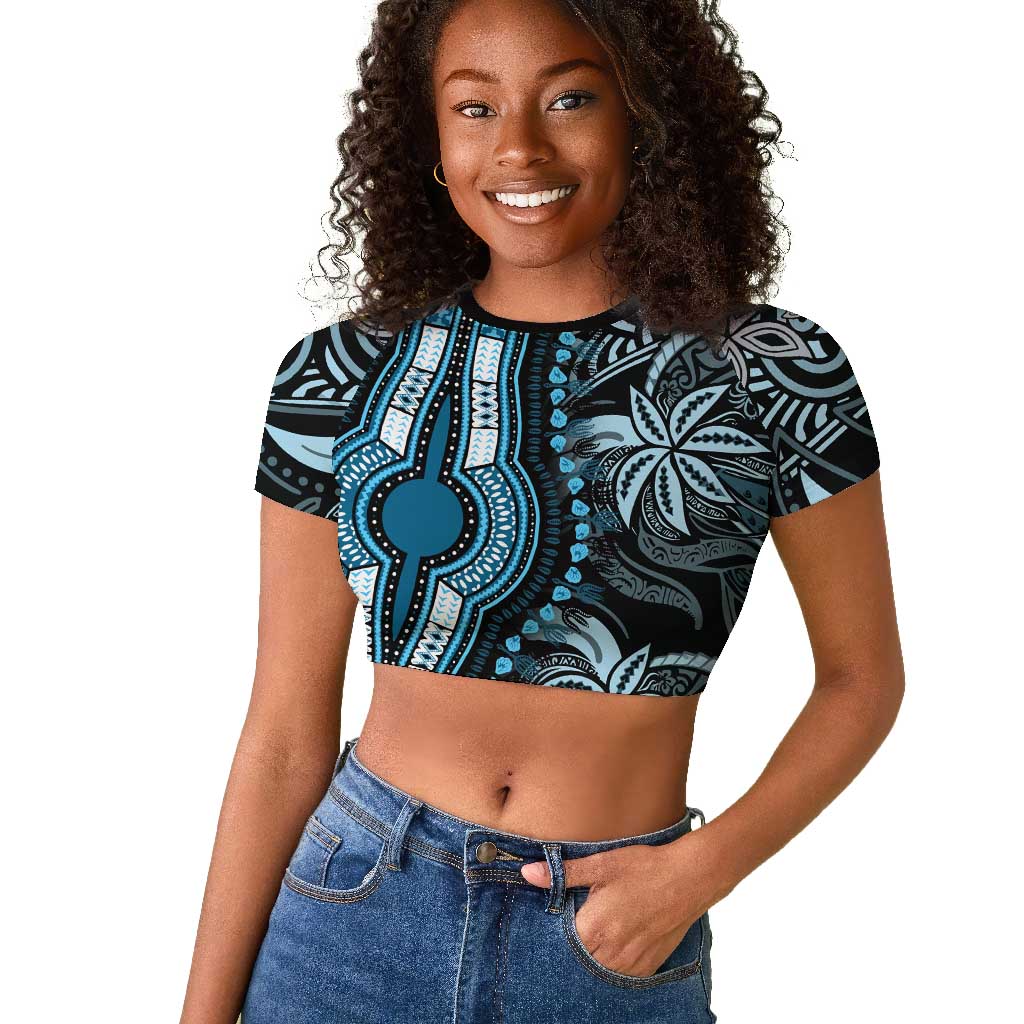 Polynesia Mixed African Dashiki Raglan Cropped T shirt Afro-pacific Culture - Blue