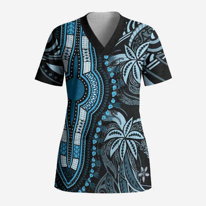 Polynesia Mixed African Dashiki Scrub Top Afro-pacific Culture - Blue