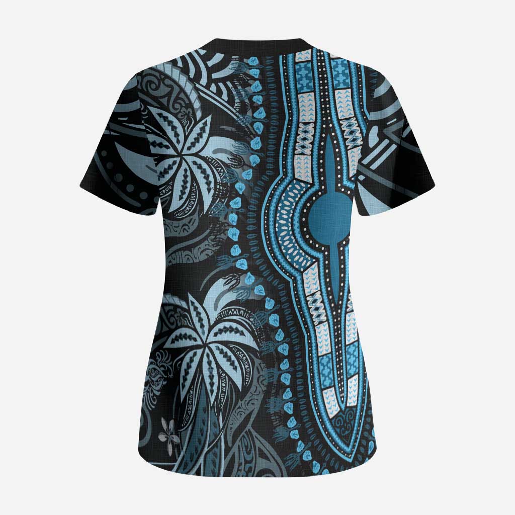 Polynesia Mixed African Dashiki Scrub Top Afro-pacific Culture - Blue