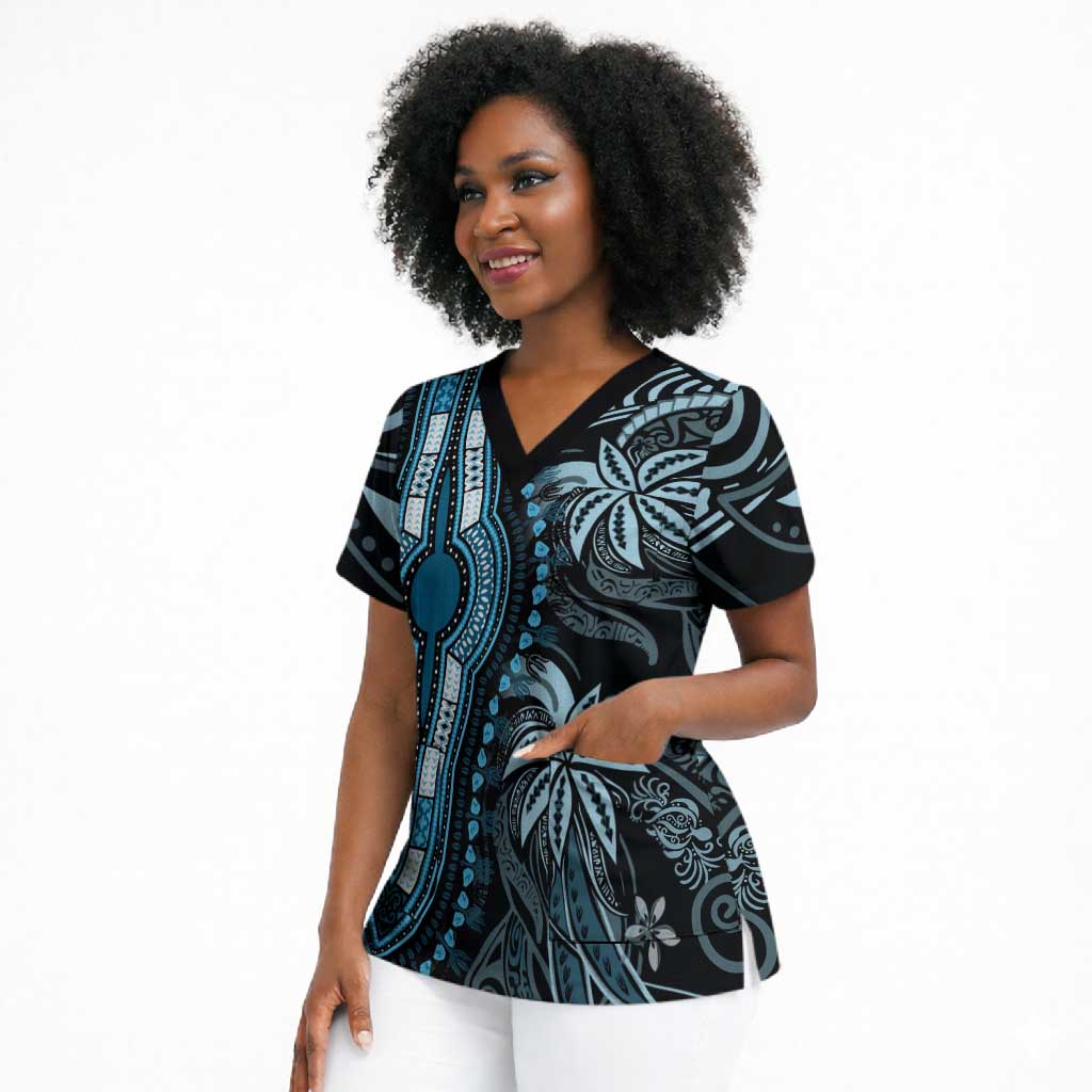 Polynesia Mixed African Dashiki Scrub Top Afro-pacific Culture - Blue