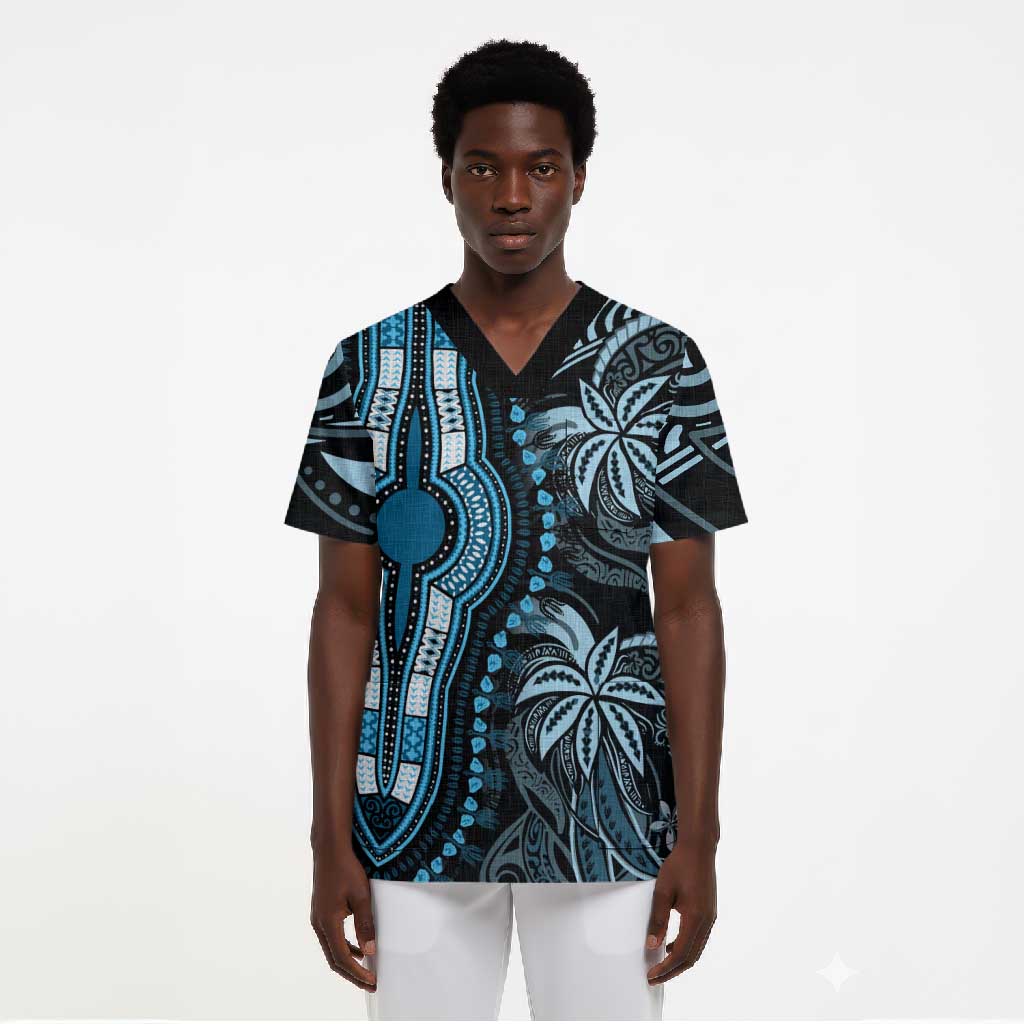 Polynesia Mixed African Dashiki Scrub Top Afro-pacific Culture - Blue