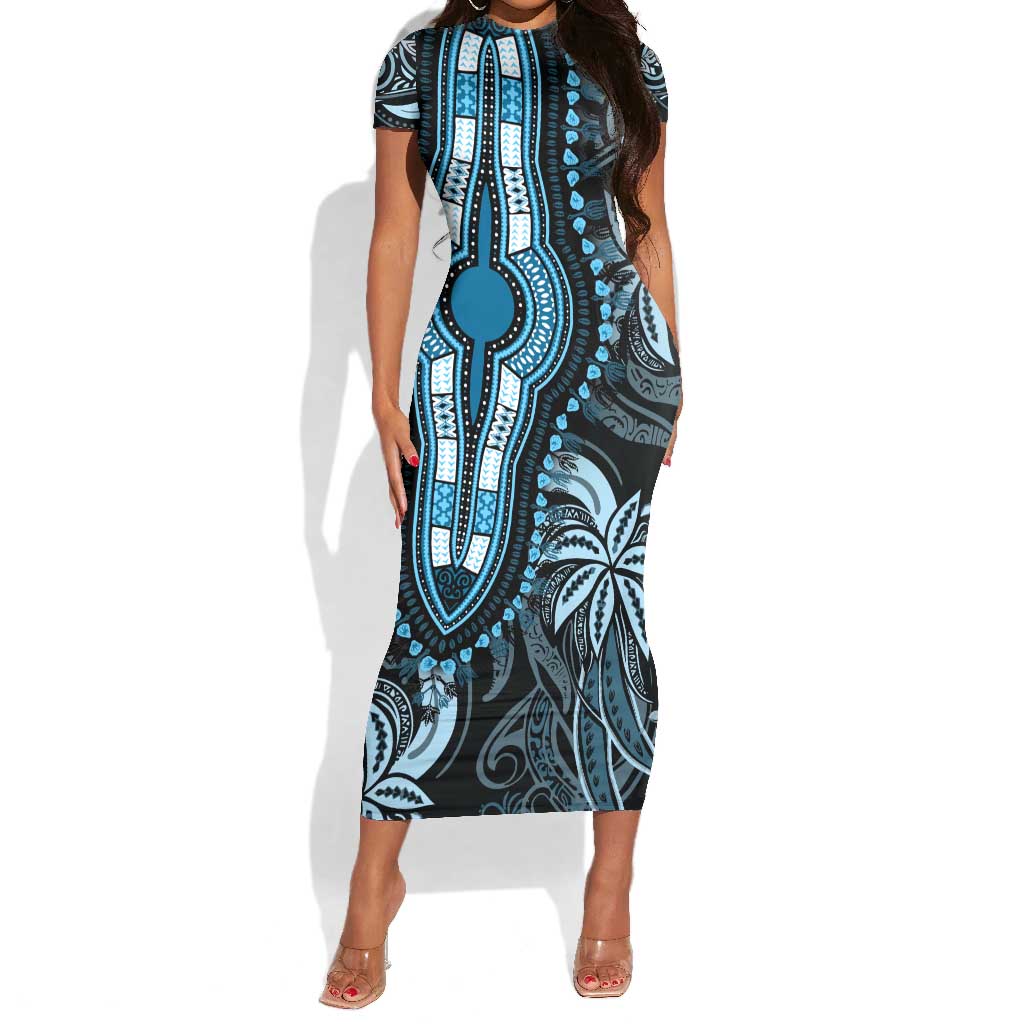 Polynesia Mixed African Dashiki Short Sleeve Bodycon Dress Afro-pacific Culture - Blue