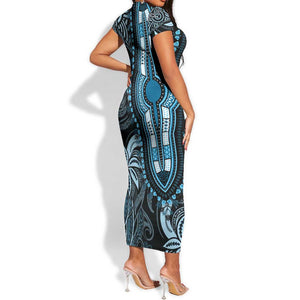 Polynesia Mixed African Dashiki Short Sleeve Bodycon Dress Afro-pacific Culture - Blue