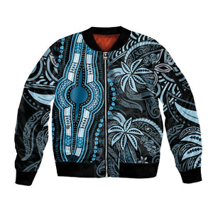 Polynesia Mixed African Dashiki Sleeve Zip Bomber Jacket Afro-pacific Culture - Blue