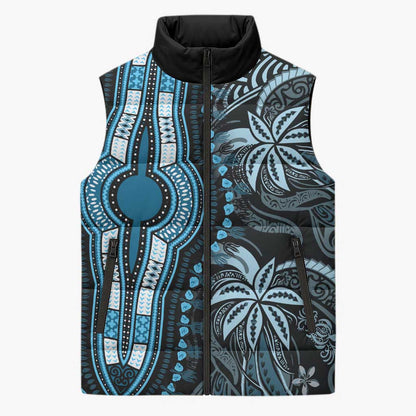 Polynesia Mixed African Dashiki Sleeveless Puffer Jacket Afro-pacific Culture - Blue