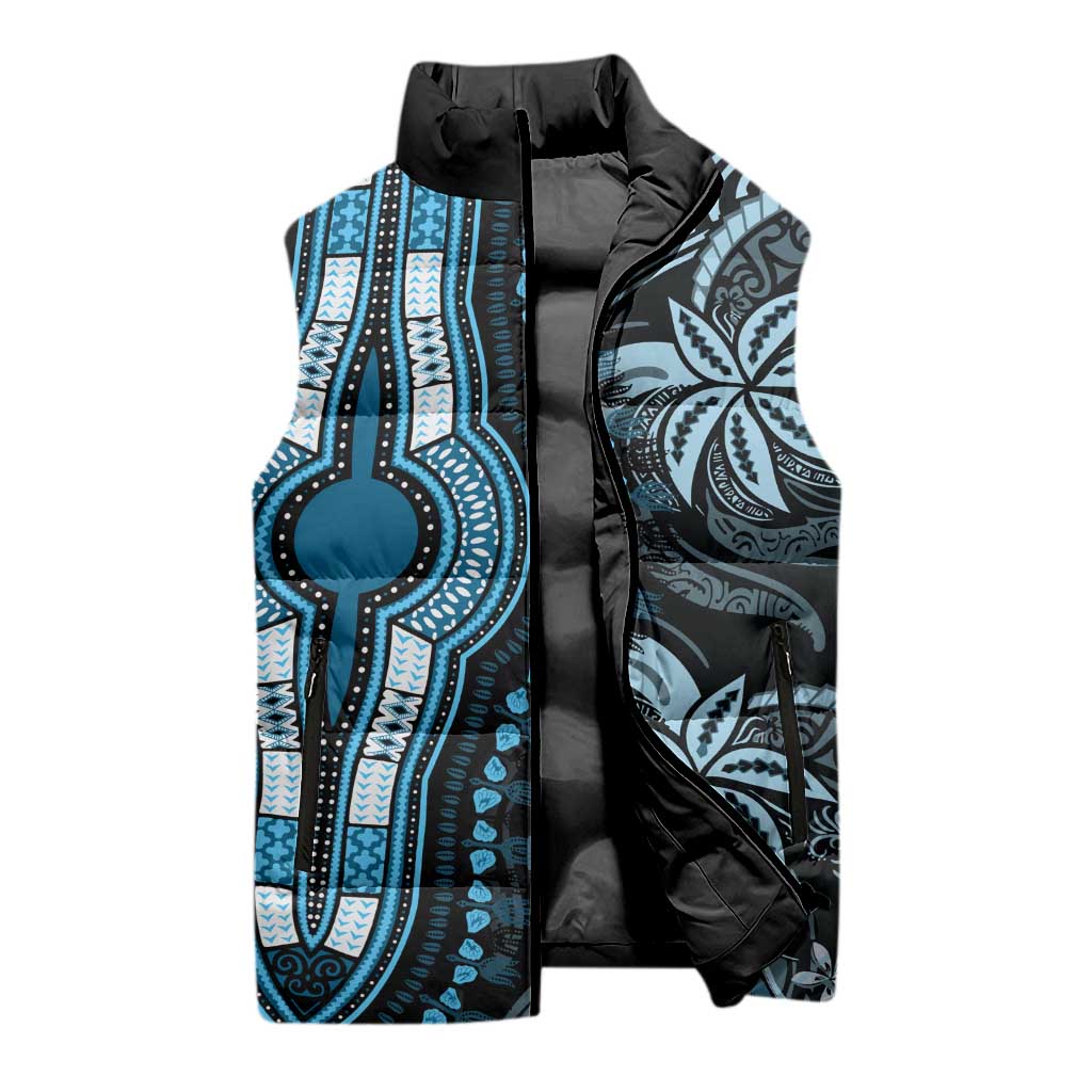 Polynesia Mixed African Dashiki Sleeveless Puffer Jacket Afro-pacific Culture - Blue