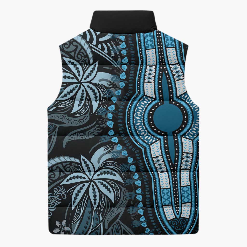 Polynesia Mixed African Dashiki Sleeveless Puffer Jacket Afro-pacific Culture - Blue
