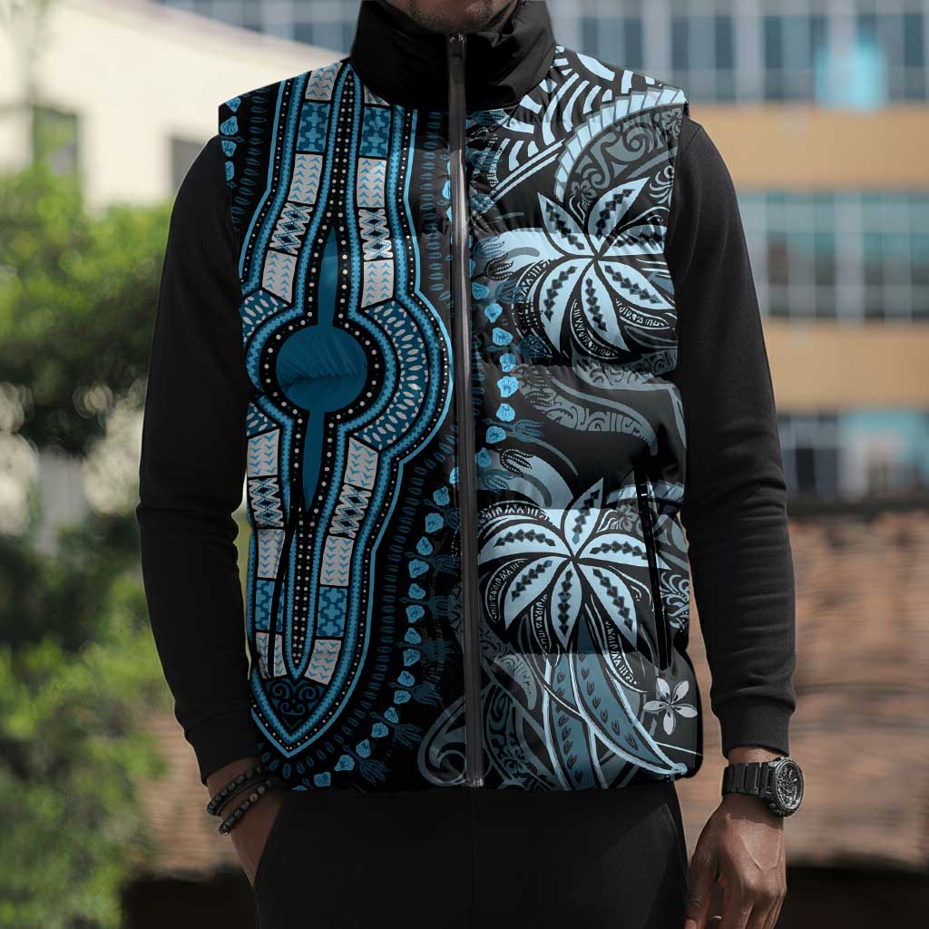 Polynesia Mixed African Dashiki Sleeveless Puffer Jacket Afro-pacific Culture - Blue