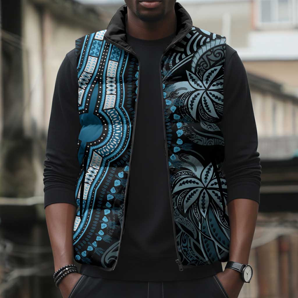 Polynesia Mixed African Dashiki Sleeveless Puffer Jacket Afro-pacific Culture - Blue