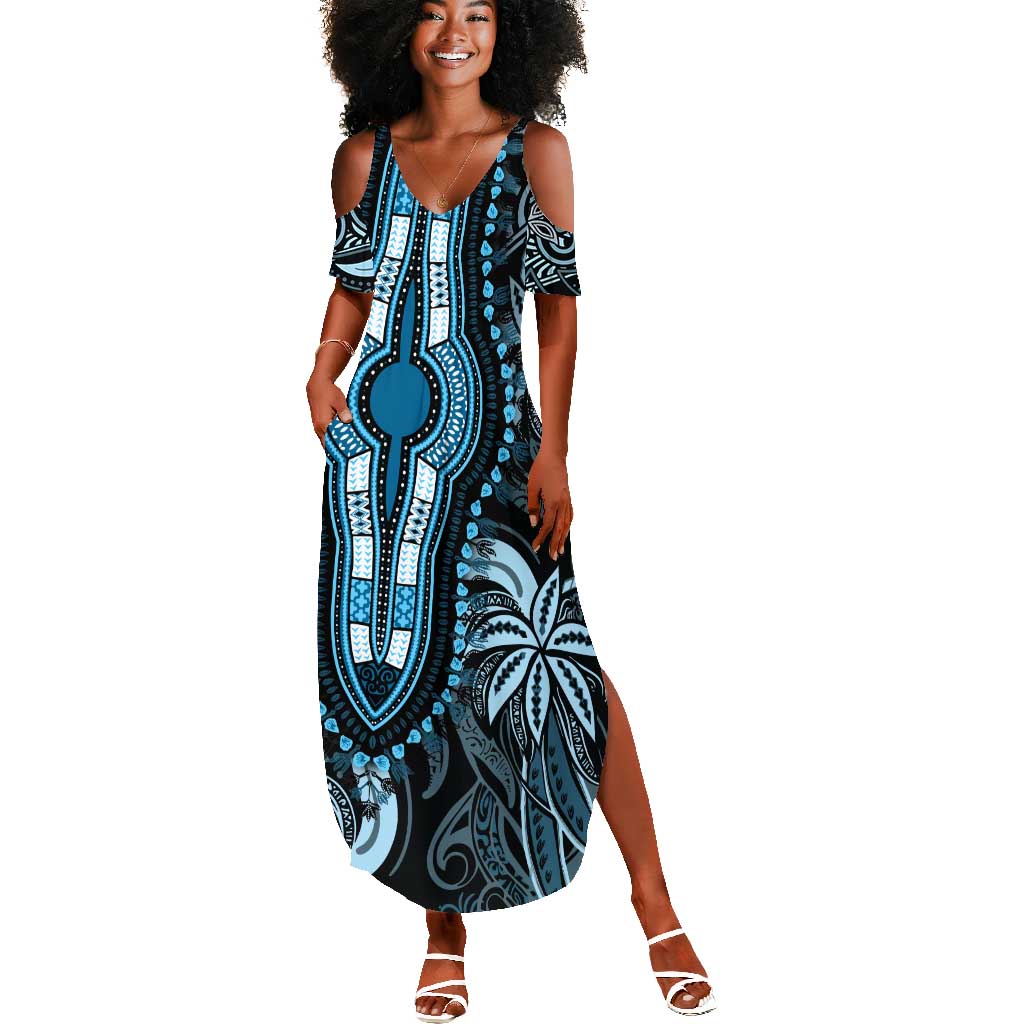 Polynesia Mixed African Dashiki Summer Maxi Dress Afro-pacific Culture - Blue