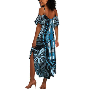 Polynesia Mixed African Dashiki Summer Maxi Dress Afro-pacific Culture - Blue