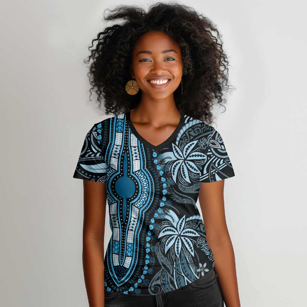 Polynesia Mixed African Dashiki Women V-Neck T-Shirt Afro-pacific Culture - Blue