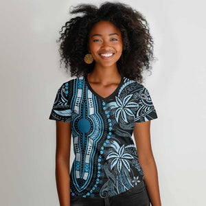 Polynesia Mixed African Dashiki Women V-Neck T-Shirt Afro-pacific Culture - Blue