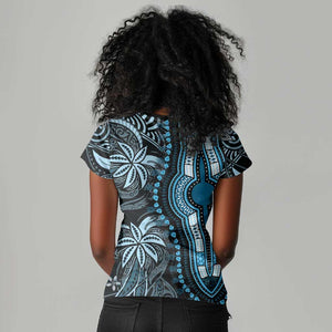 Polynesia Mixed African Dashiki Women V-Neck T-Shirt Afro-pacific Culture - Blue