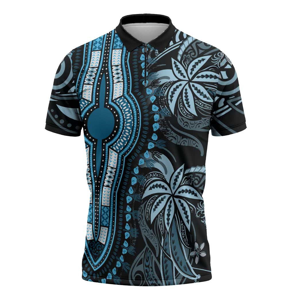 Polynesia Mixed African Dashiki Zipper Polo Shirt Afro-pacific Culture - Blue