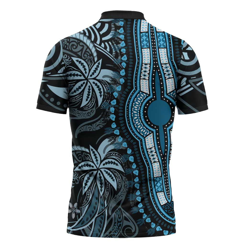 Polynesia Mixed African Dashiki Zipper Polo Shirt Afro-pacific Culture - Blue