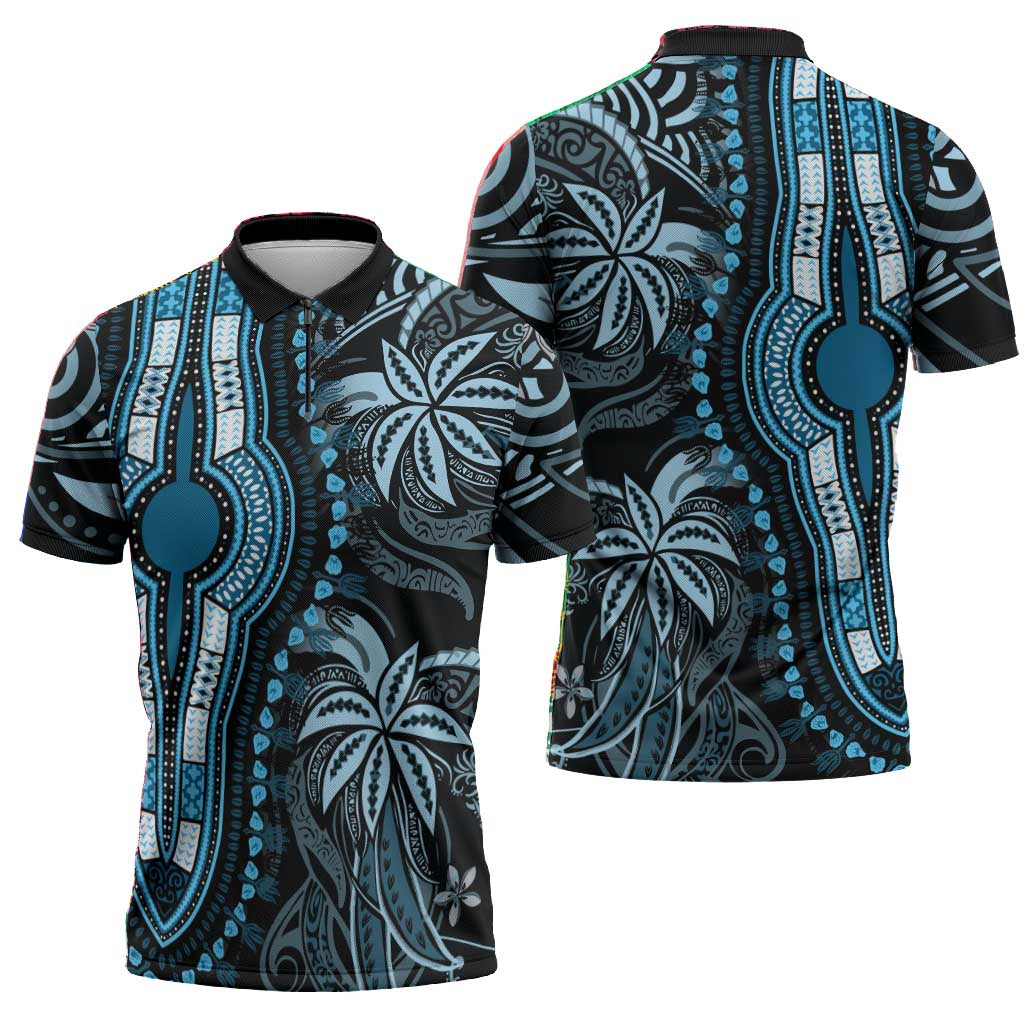Polynesia Mixed African Dashiki Zipper Polo Shirt Afro-pacific Culture - Blue